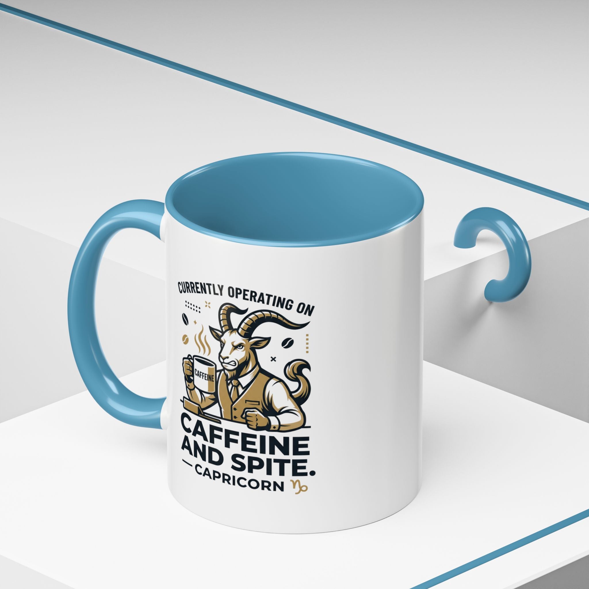 Capricorn Coffee Mug — “Currently Operating on Caffeine and Spite” Accent Mug (11/15oz)