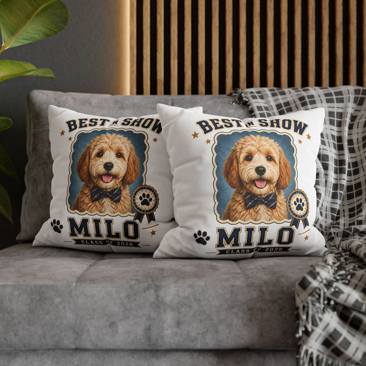 Best in Show Personalized Dog Pillowcase — "Milo" Pet Portrait Cushion (Class of 2026) Milo Bailey Dog Dad Mom