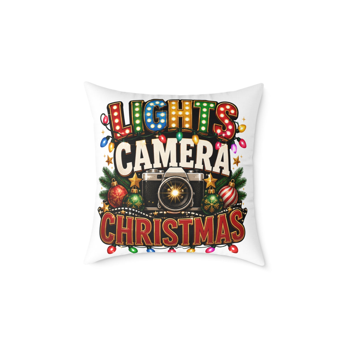 Christmas Photo Pillow - "Lights Camera Christmas" Decorative Square Throw Pillow