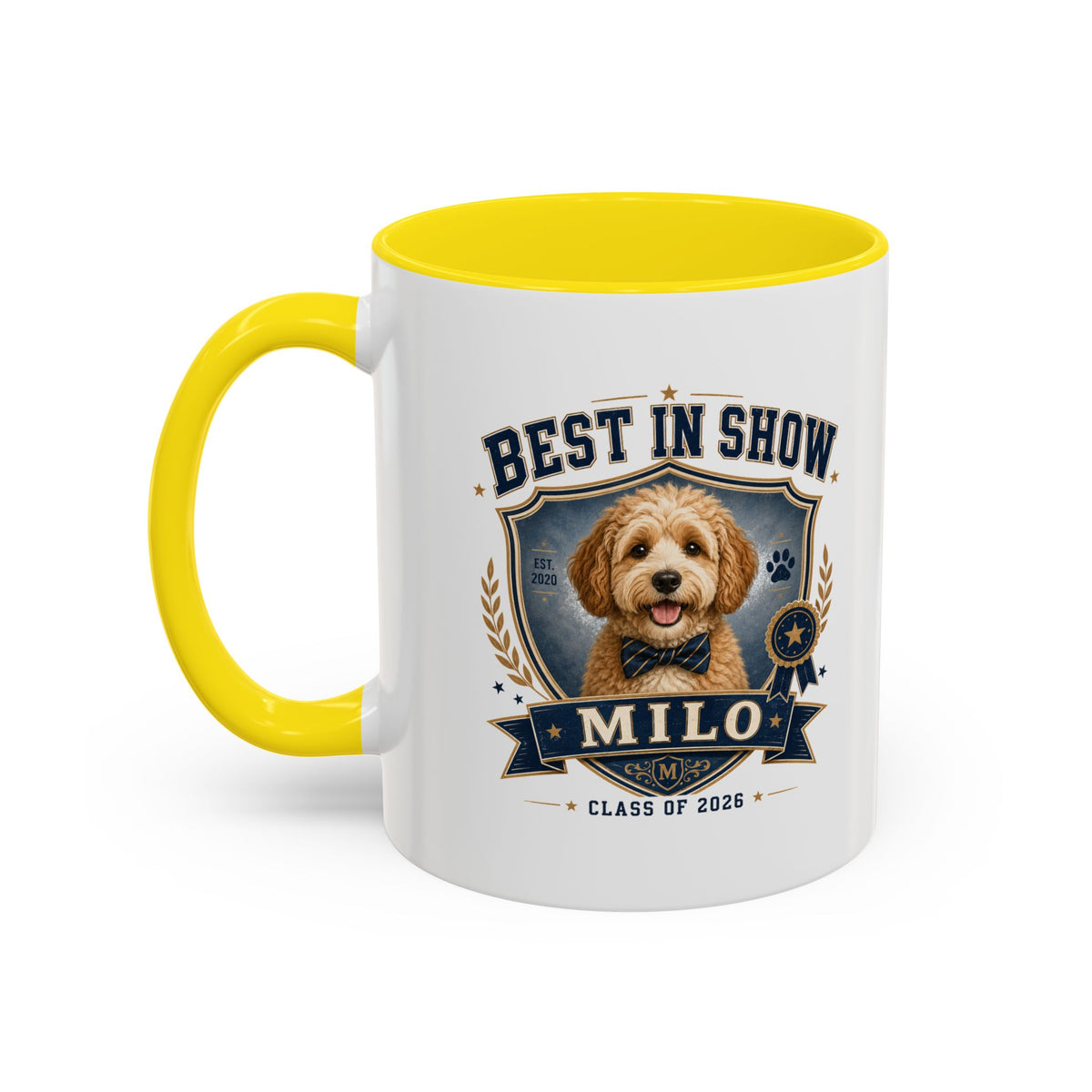 Milo Bailey Dog Dad Mom Best in Show Personalized Dog Coffee Mug — 'Milo' Class of 2026 Accent Mug