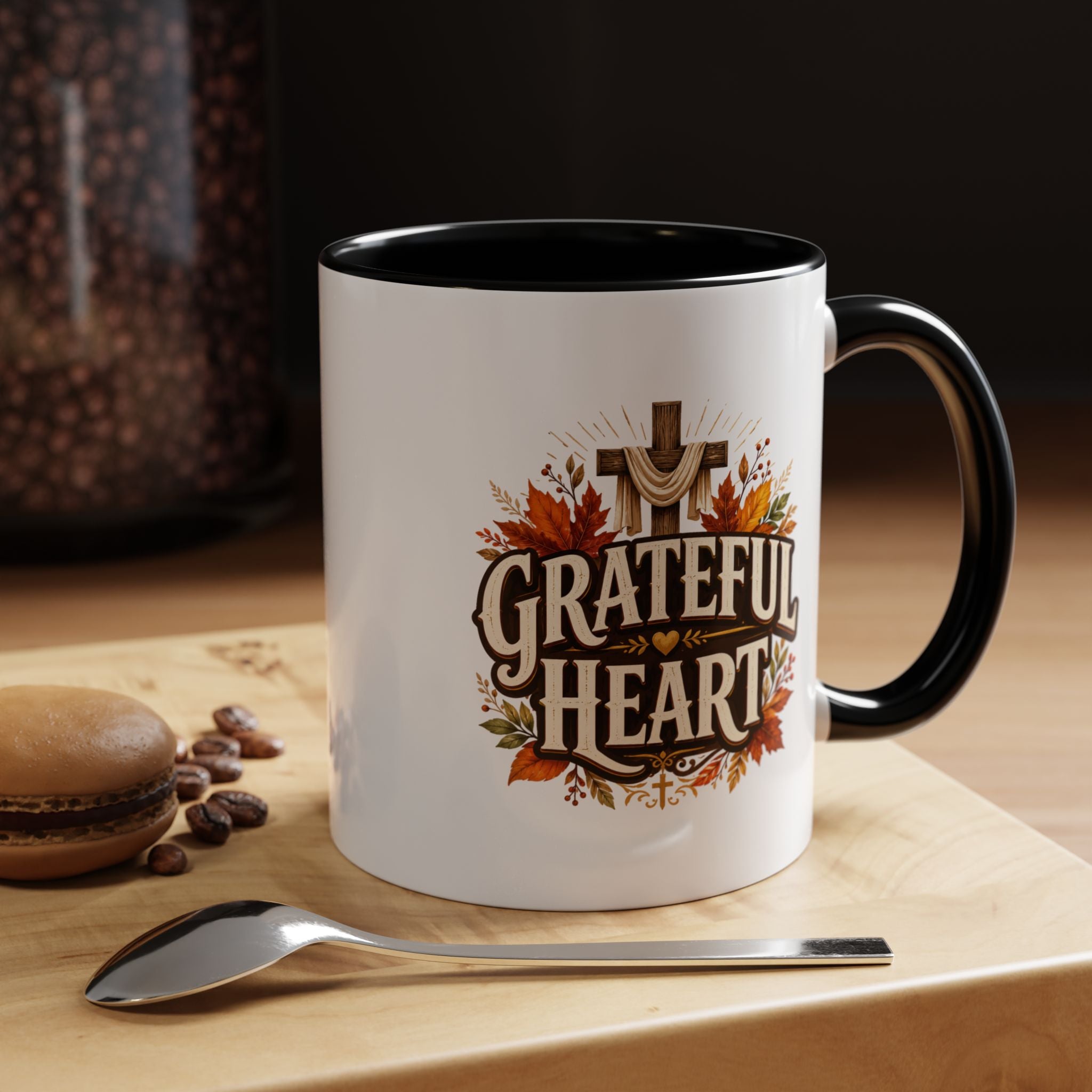 Thanksgiving Mug Grateful Heart Accent Coffee Mug – Autumn Leaves & Cross Spiritual Thanksgiving Gift