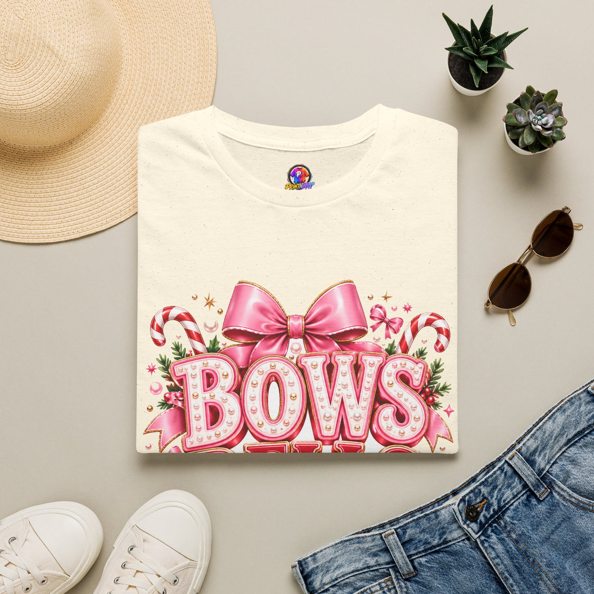 Bows Bells Bliss Christmas T‑Shirt — Pink Holiday Bow Graphic