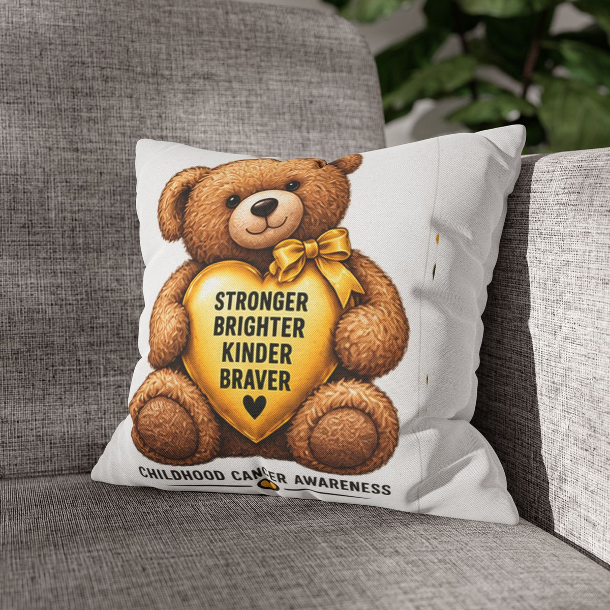 Childhood Cancer Awareness Bear Square Pillowcase – Stronger Brighter Kinder Braver
