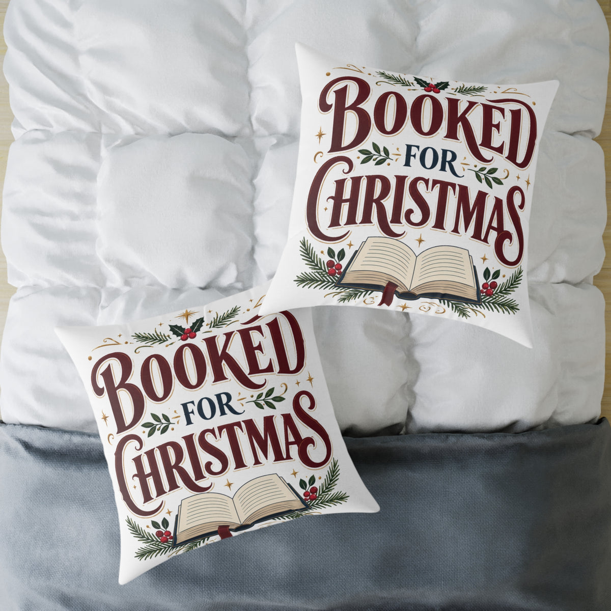 Christmas Book Lover Pillow — "Booked for Christmas" Decorative Throw Pillow