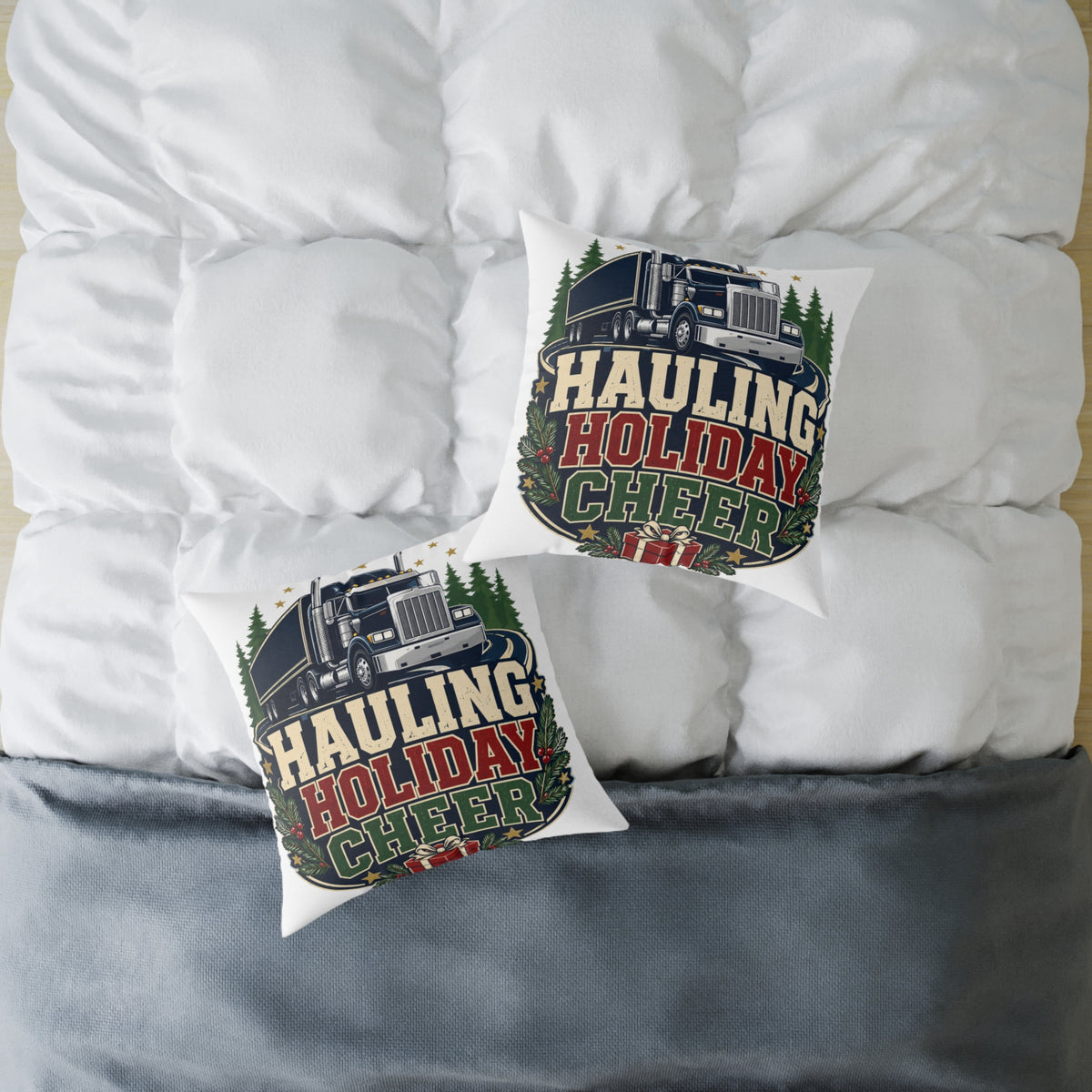 Hauling Holiday Cheer Modern Day Christmas Square Poly Canvas Pillow