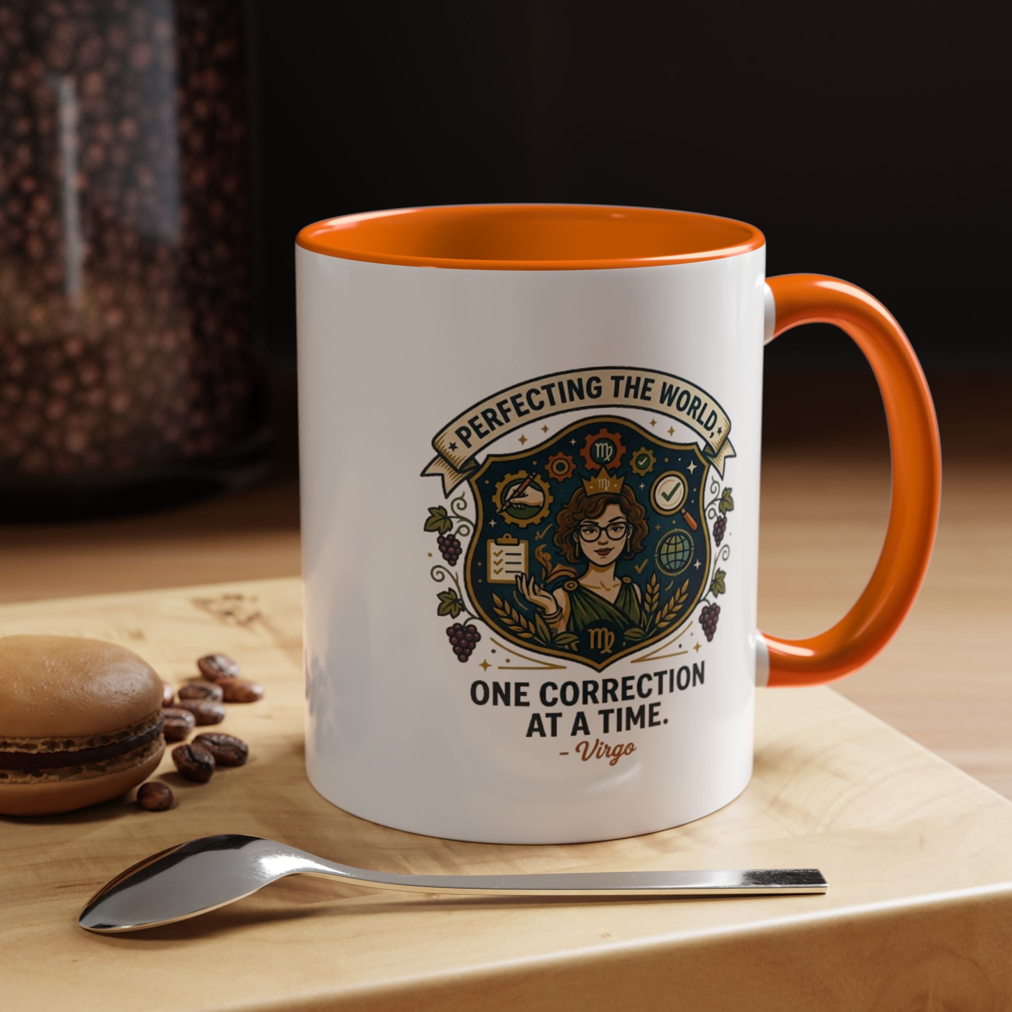 Virgo Coffee Mug — "Perfecting the World: One Correction at a Time" Accent Astrology Gift