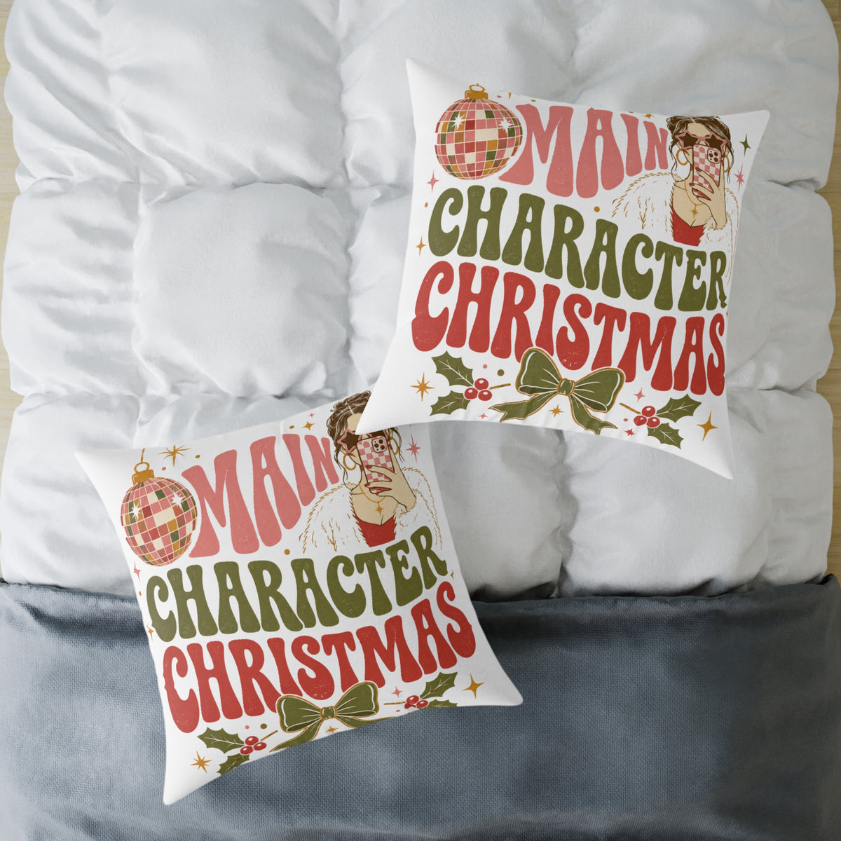 Modern Day Christmas Main Character Christmas Square Poly Canvas Pillow