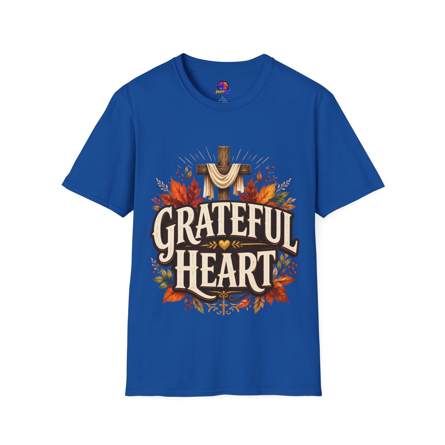 Grateful Heart T-Shirt — Christian Cross & Autumn Leaves Thanksgiving Tee