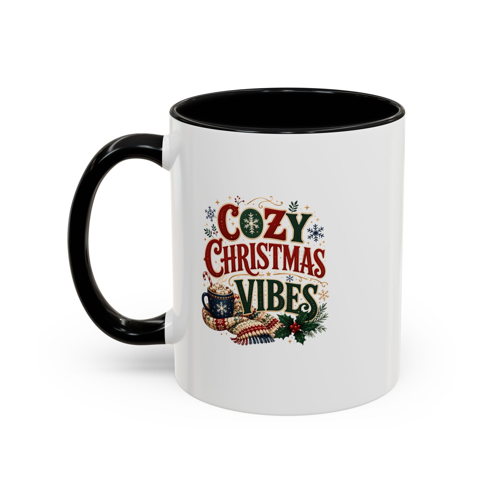 Cozy Christmas Vibes Accent Coffee Mug — Holiday Hot Cocoa Mug
