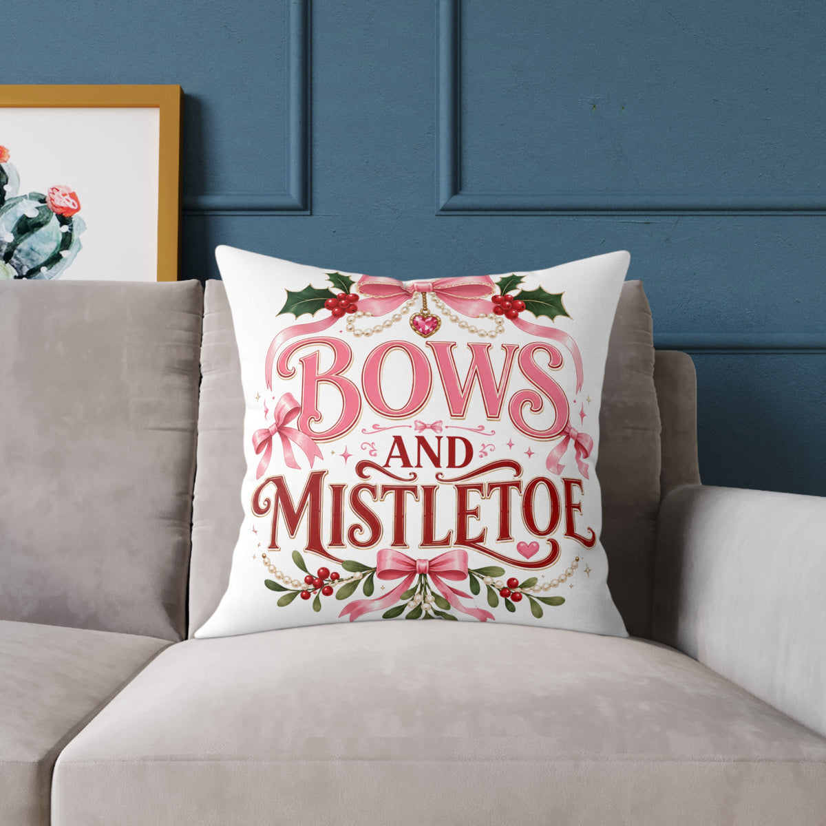 Christmas Bows And Mistletoe Square Poly Canvas Pillow