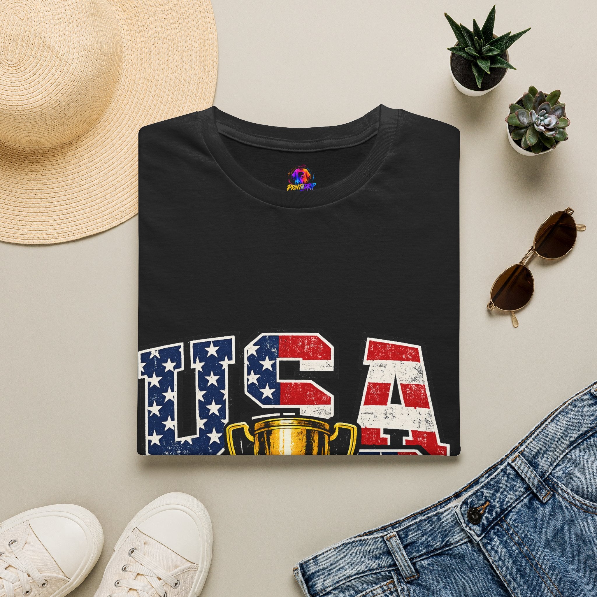 USA Trophy T-Shirt — Patriotic American Flag Graphic Tee