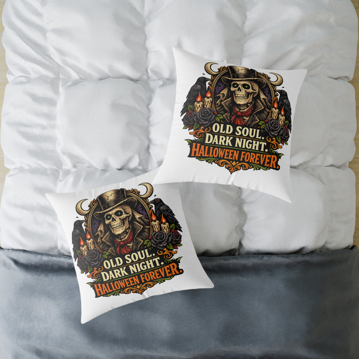 Halloween Skeleton Pillow - "Old Soul, Dark Night. Halloween Forever" Square Decorative Cushion
