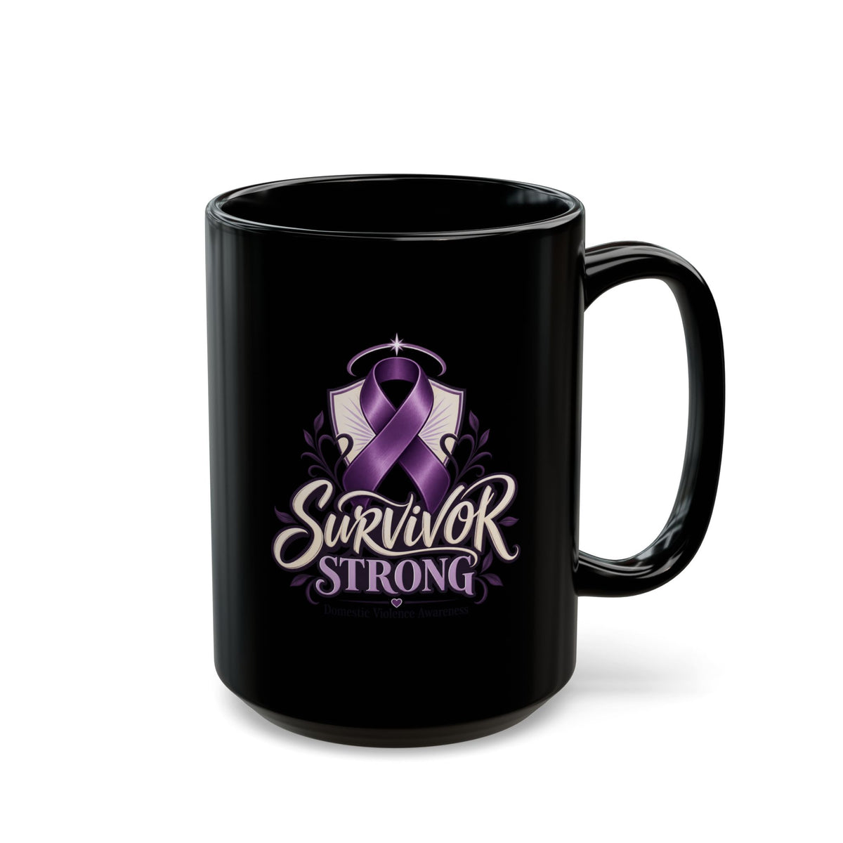 Survivor Strong Purple Ribbon Mug —Domestic Violence  Awareness Black Coffee Cup (11oz, 15oz)