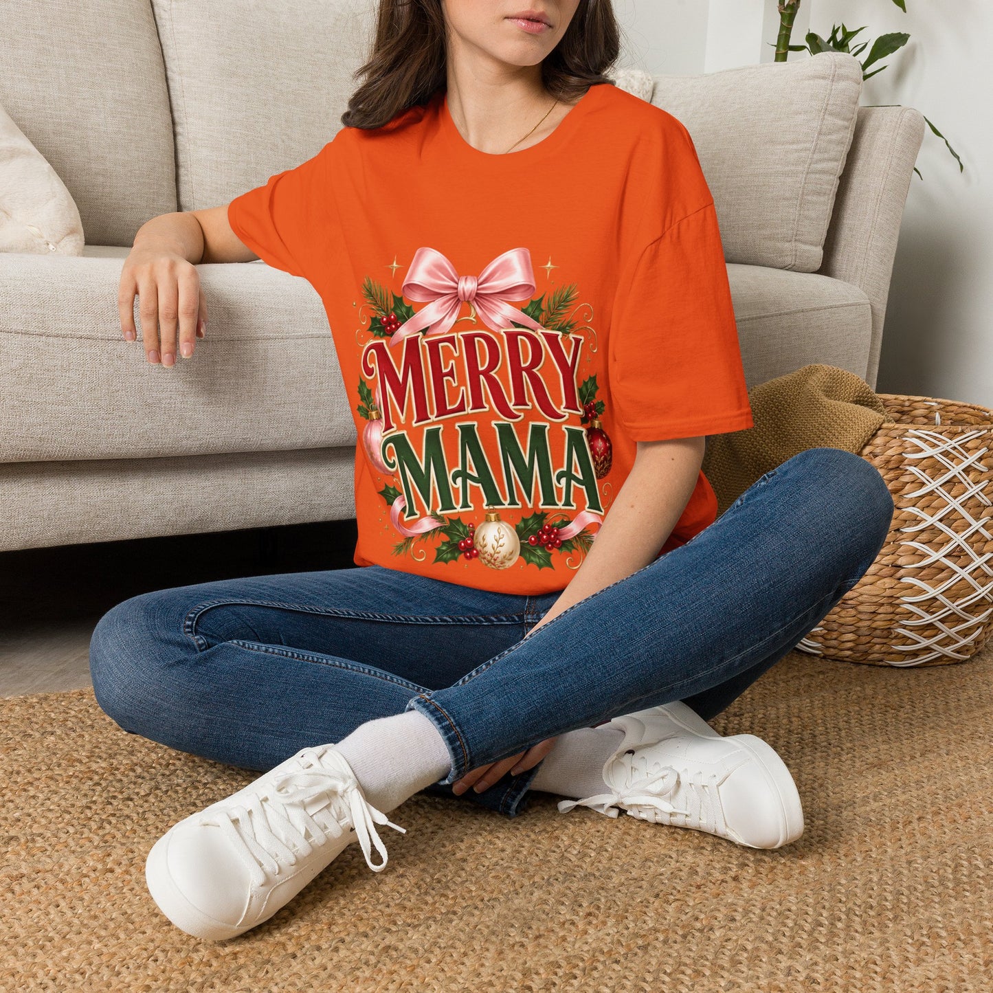Merry Mama Christmas T-Shirt — Festive Bow & Holiday Greenery Tee