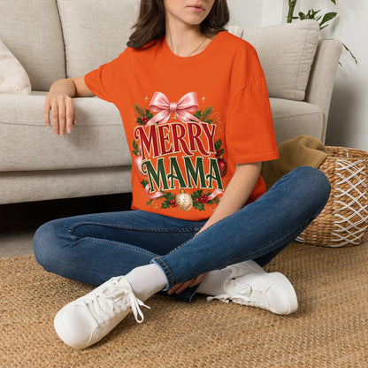 Merry Mama Christmas T-Shirt — Festive Bow & Holiday Greenery Tee