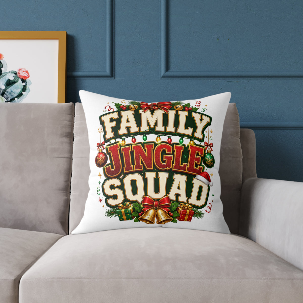 Family Jingle Squad Christmas Throw Pillow - Holiday Decorative Square Pillow
