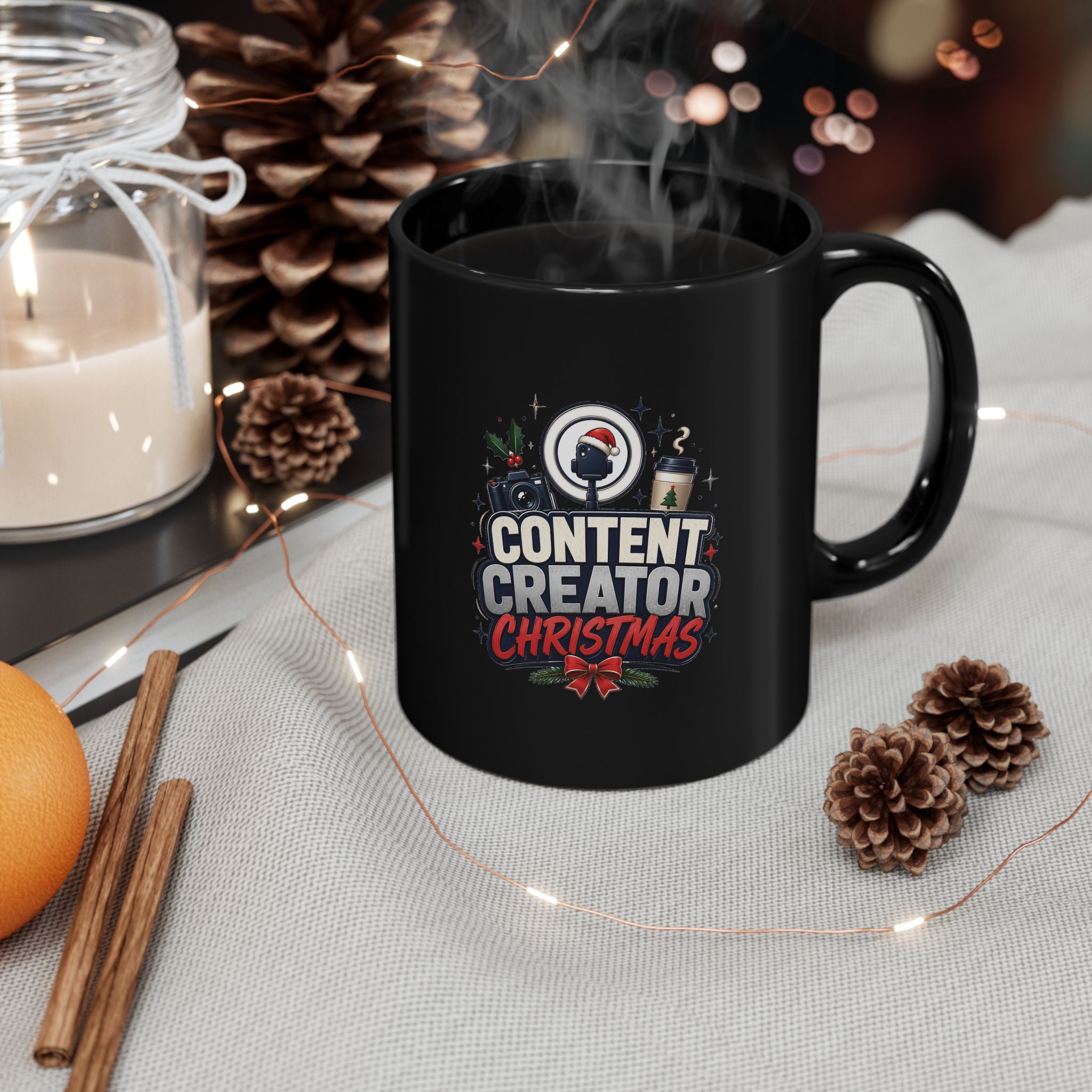 Modern Day Christmas Content Creator Christmas Mug — Black Holiday Coffee Cup for Social Media Creators