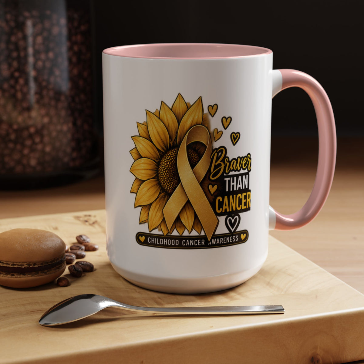 Childhood Cancer Awareness Mug — "Braver Than Cancer" Sunflower & Gold Ribbon