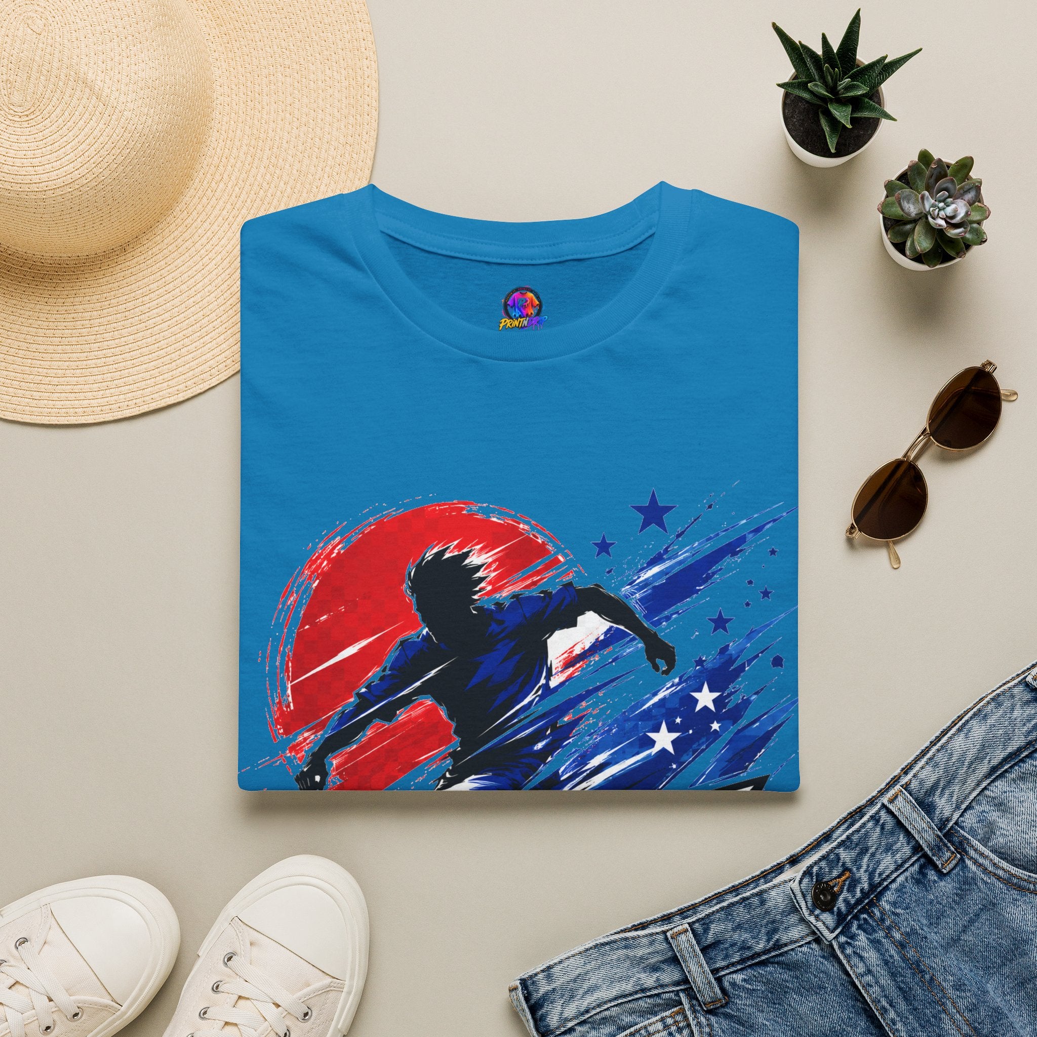 Japan T-Shirt — Blue Blade Soccer Graphic Tee (Red & Blue Starburst)