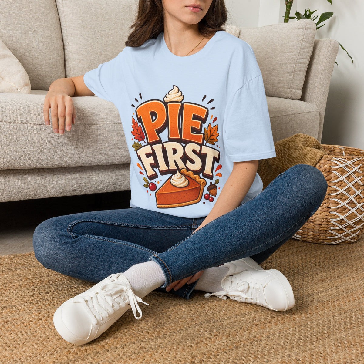 Thanksgiving T-Shirt Pie First T-Shirt — Funny Thanksgiving Pumpkin Pie Graphic Tee
