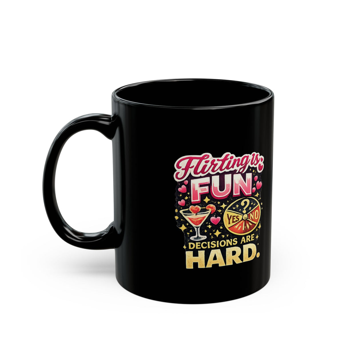 Libra Zodiac Flirting Is Fun Black Coffee Mug — Funny "Decisions Are Hard" Cocktail Design