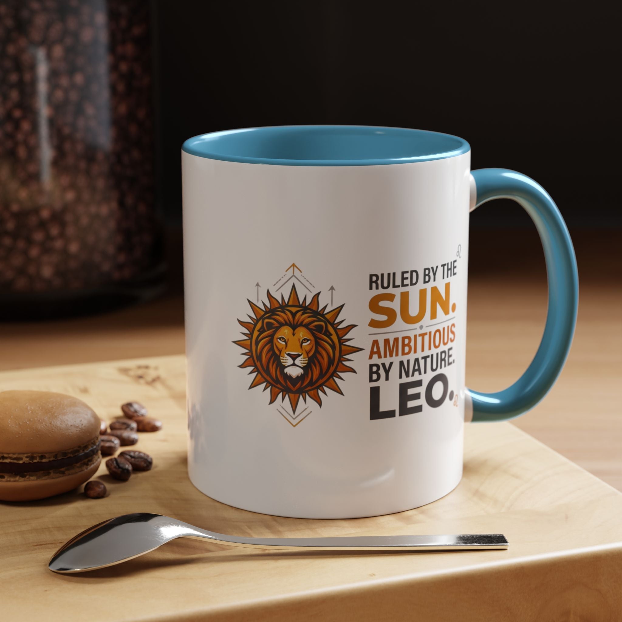 Leo Zodiac Coffee Mug — "Ruled by the Sun. Ambitious by Nature. LEO." Accent Ceramic Mug