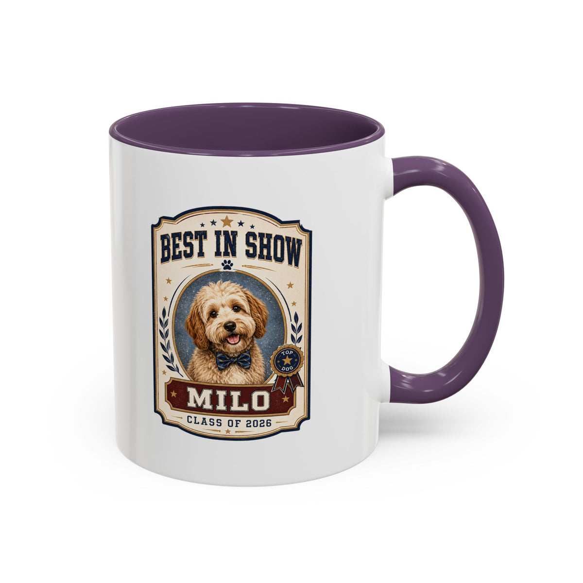 Milo Bailey Dog Dad Mom Best in Show Personalized Dog Mug — "Milo" Class of 2028 Accent Coffee Mug