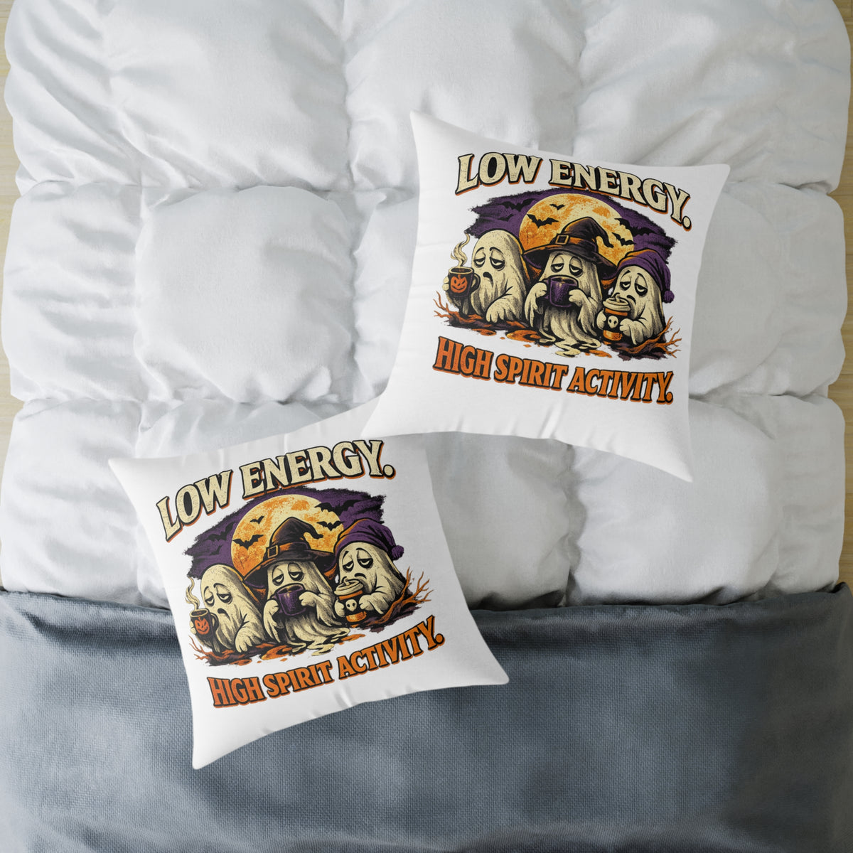 Halloween Pillow - "Low Energy, High Spirit Activity" Ghost & Witch Throw Pillow