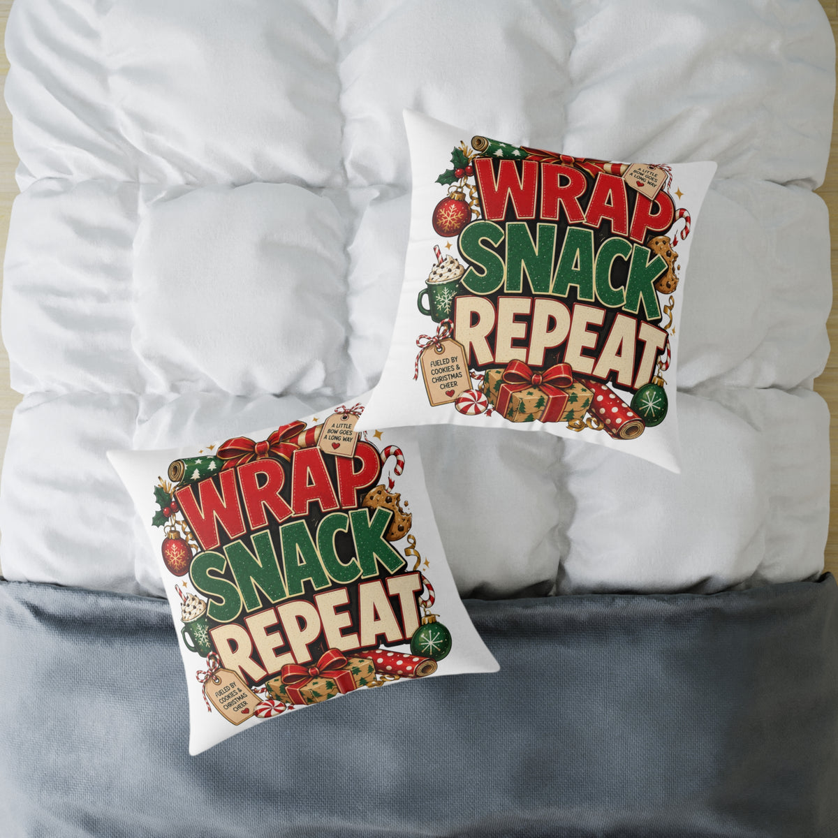 Christmas Holiday Pillow - "Wrap Snack Repeat" Christmas Decorative Throw Pillow