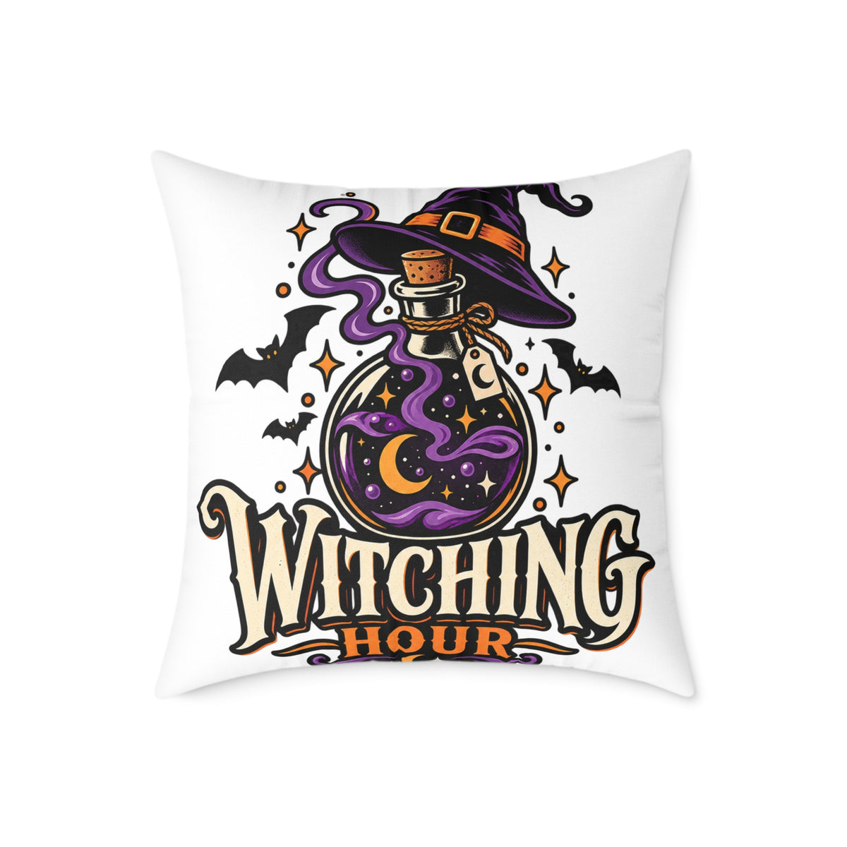 Witching Hour Halloween Decorative Pillow — Witch Hat & Potion Bottle Design