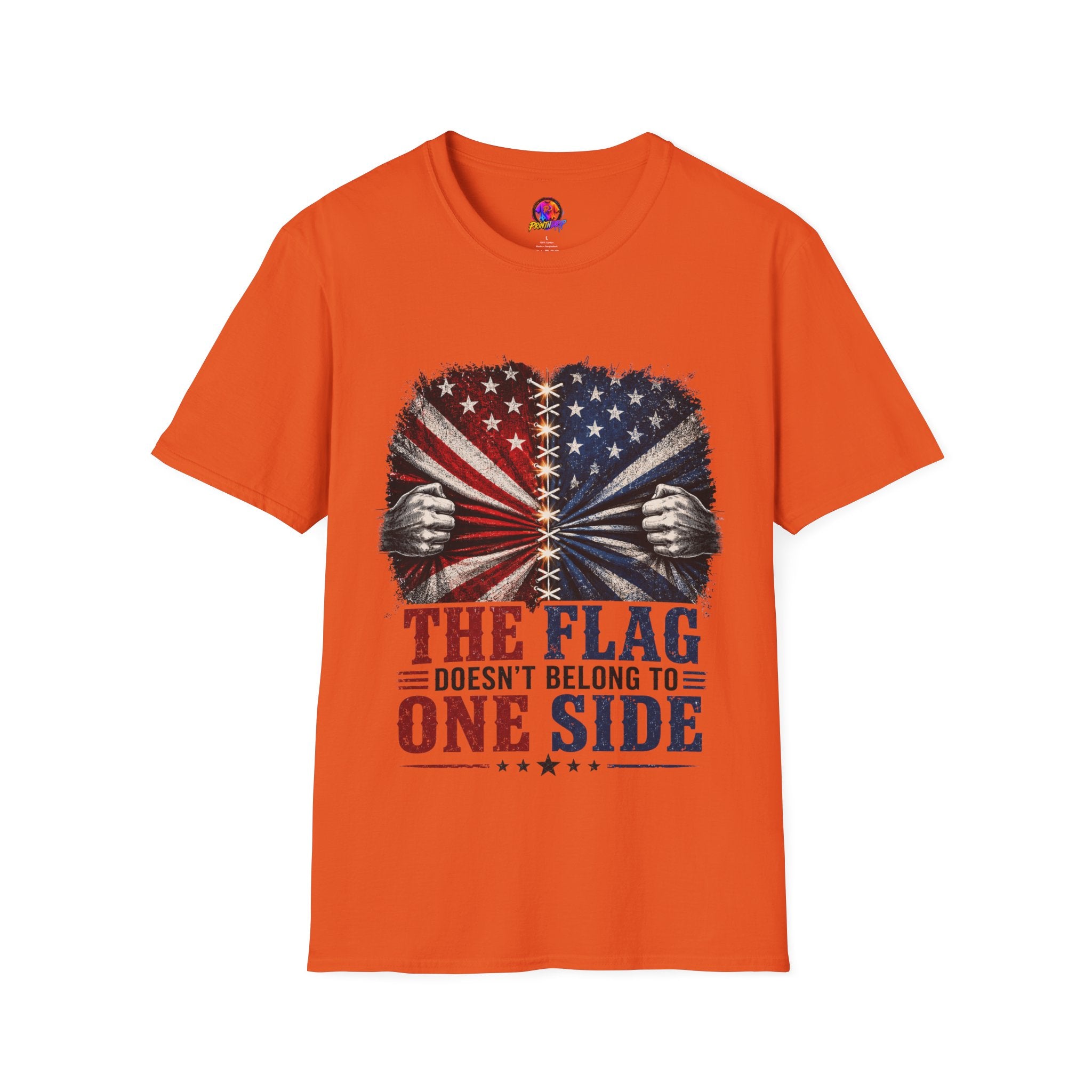 T-Shirt — "The Flag Doesn't Belong to One Side" Distressed American Flag Graphic
