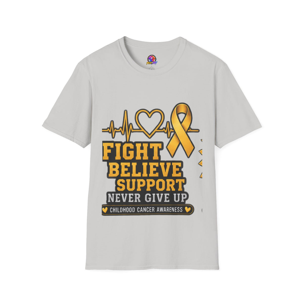 Childhood Cancer Awareness T-Shirt – "Fight Believe Support Never Give Up" Gold Ribbon Tee