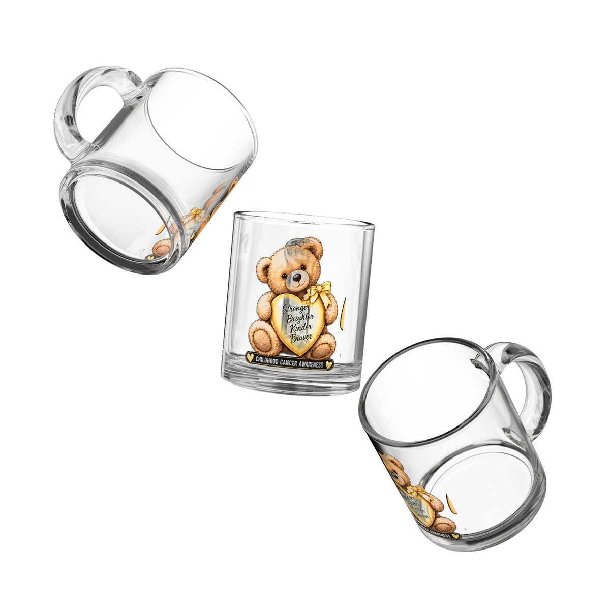 Glass Mug — Childhood Cancer Awareness Teddy Bear "Stronger Brighter Kinder Braver" 10oz