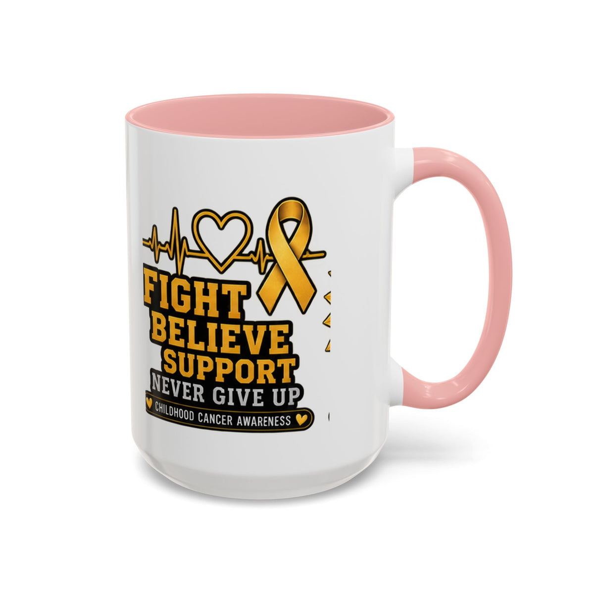 Childhood Cancer Awareness Accent Coffee Mug — "Fight Believe Support" 11/15oz
