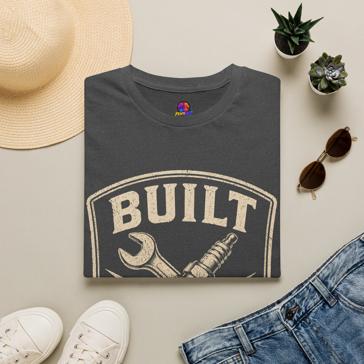 Built Not Bought T-Shirt — Vintage Mechanic Wrench & Spark Plug Design
