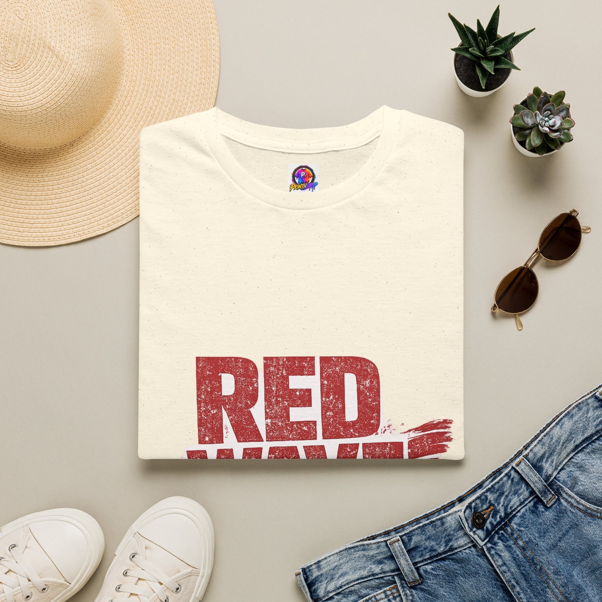 South Korea Red Wave Graphic T‑Shirt — Vintage Distressed Logo Tee