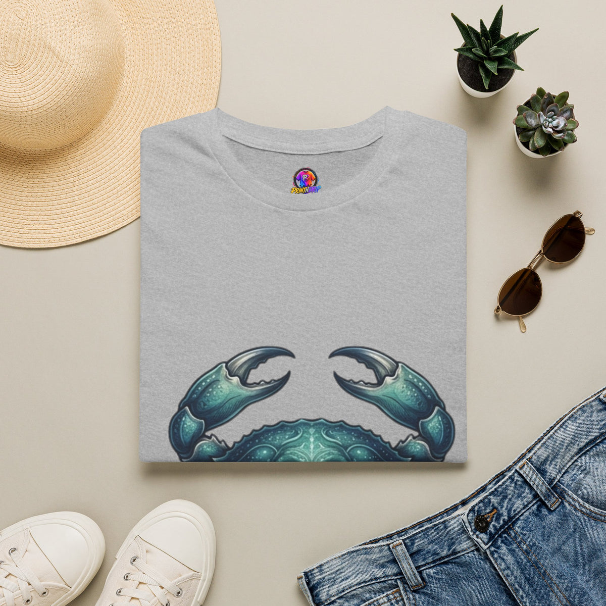 Cancer Zodiac Crabby Coastal Tee - Blue Green Crab Graphic T-Shirt