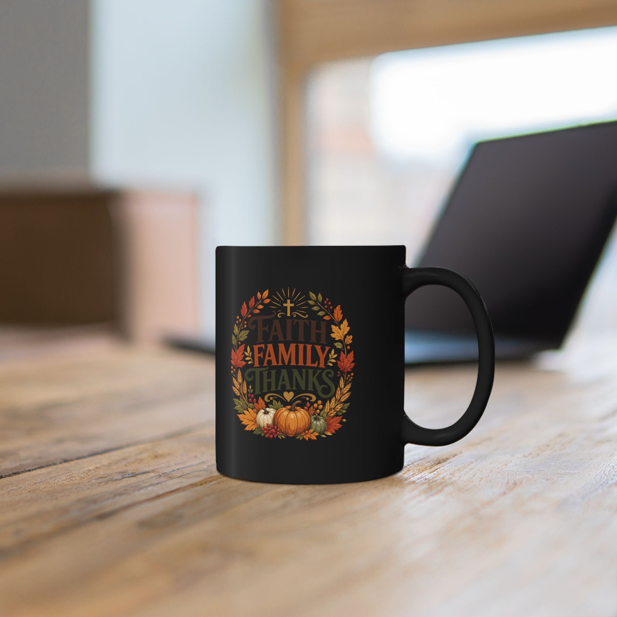 Thanksgiving Black Mug Faith Family Thanks Fall Thanksgiving Coffee Mug