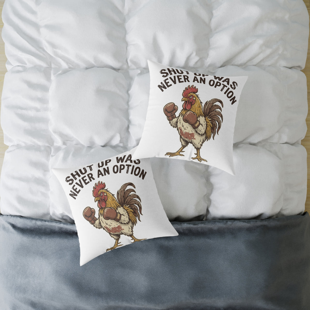 Rooster Boxing Pillow — Funny "Shut Up" Funny Farm Animal Throw Pillow