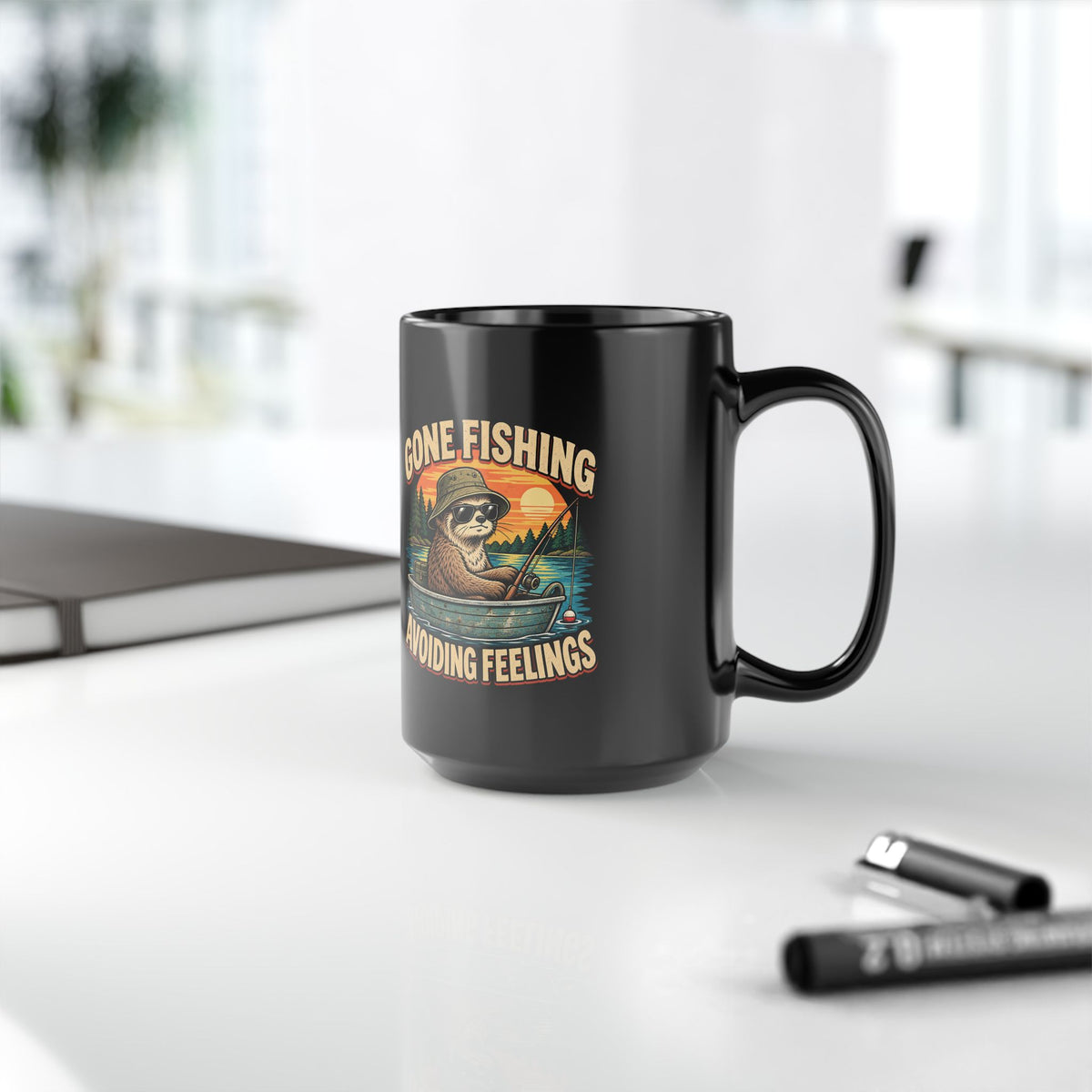 Gone Fishing Avoiding Feelings Mug — Funny Sloth Fishing Coffee Cup