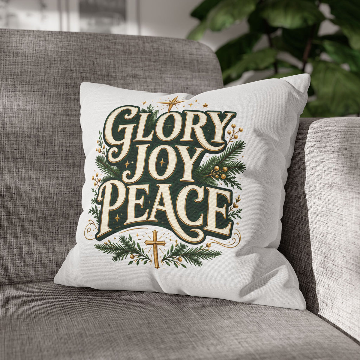 Christmas Pillowcase — "Glory Joy Peace" Decorative Holiday Throw Pillow Cover