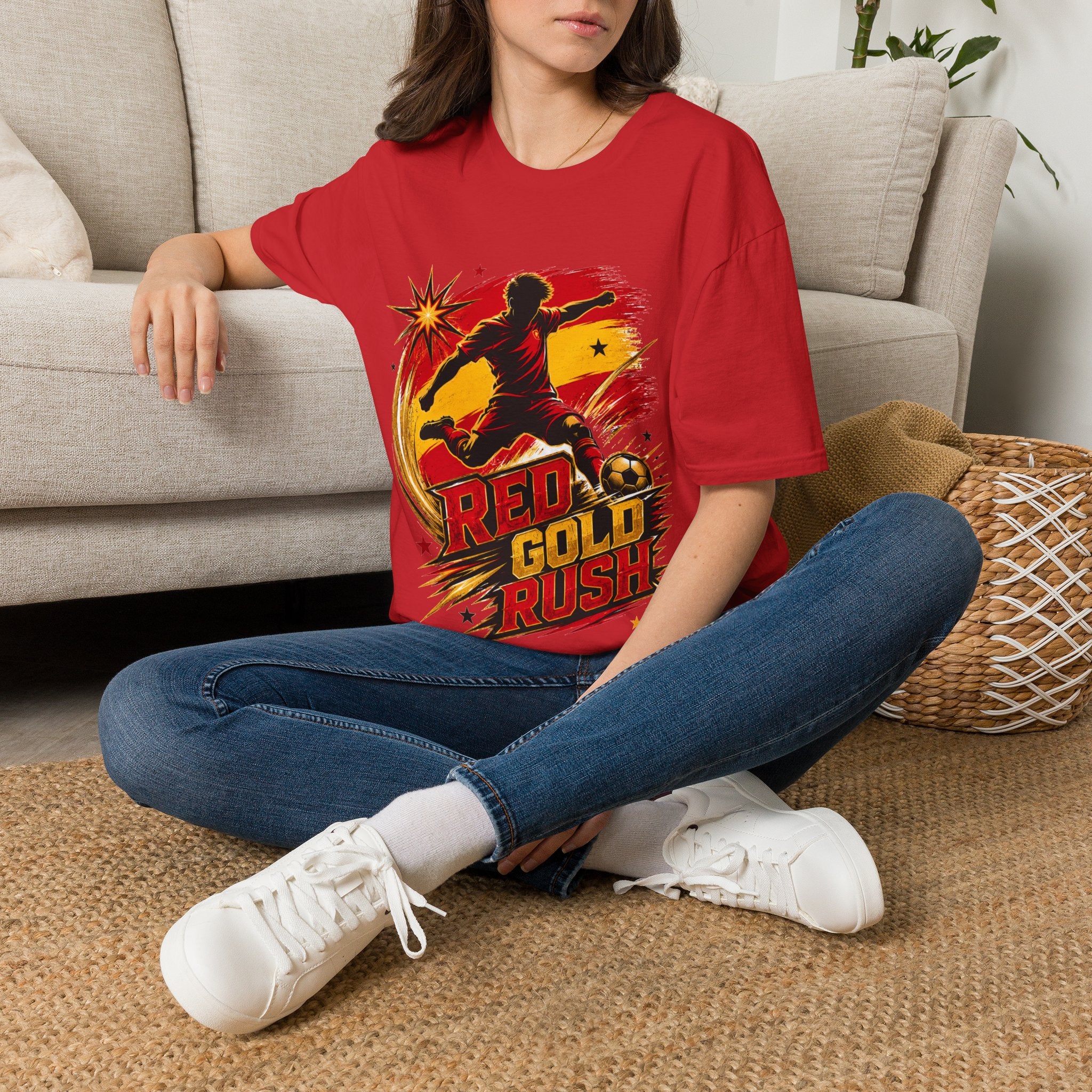 Spain Red & Gold Rush Soccer T-Shirt — Retro Soccer Player Graphic