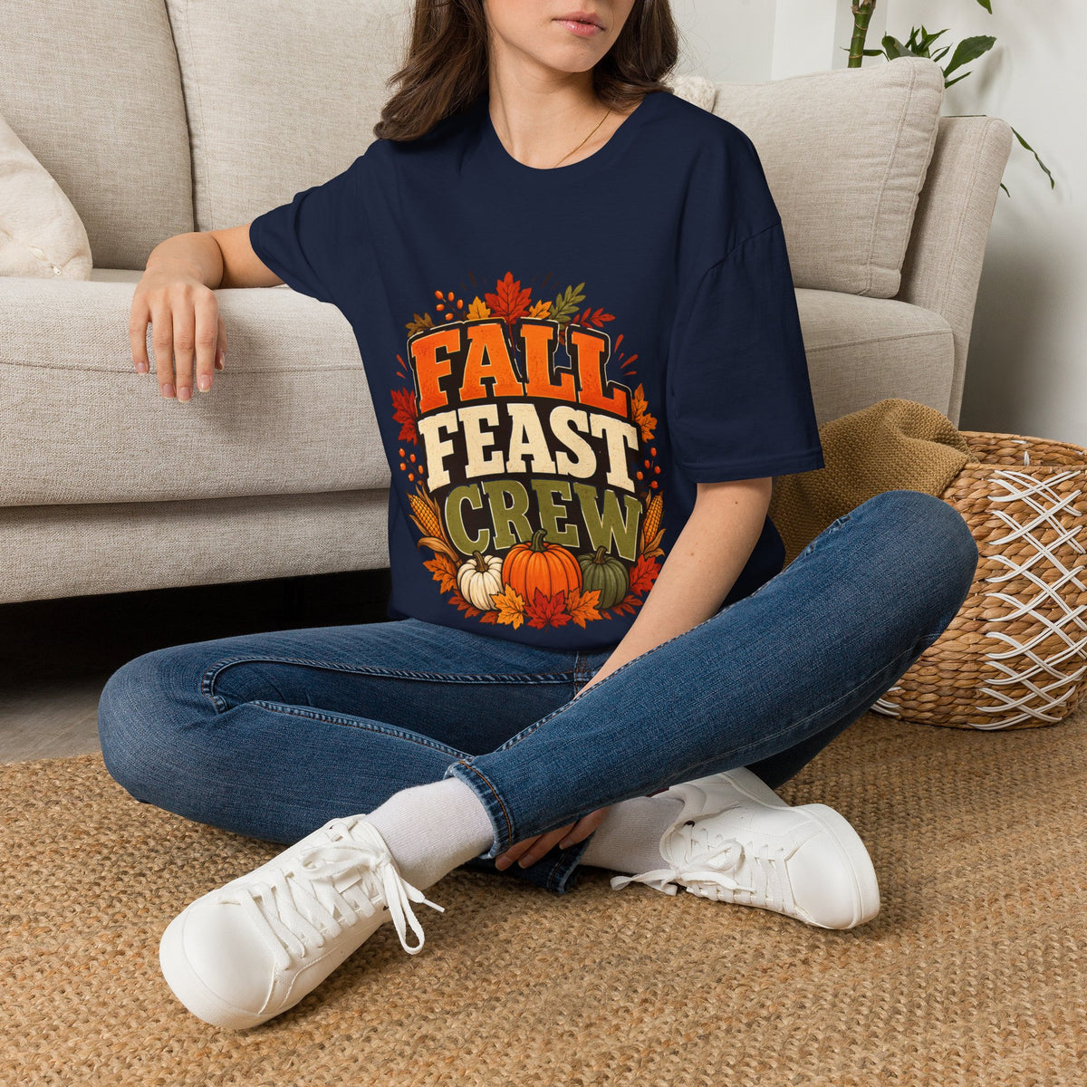 Thanksgiving T-Shirt Fall Feast Crew T-Shirt — Thanksgiving Pumpkin & Leaves Graphic Tee