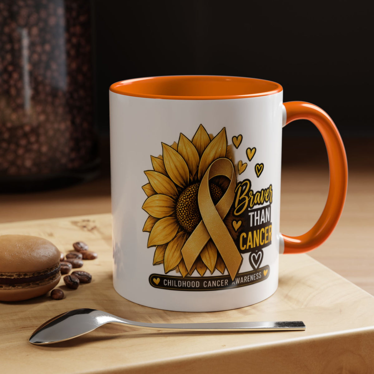 Childhood Cancer Awareness Mug — "Braver Than Cancer" Sunflower & Gold Ribbon