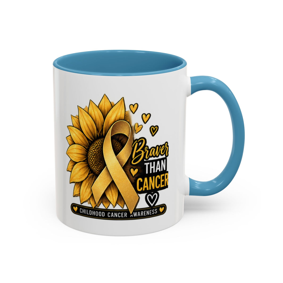 Childhood Cancer Awareness Mug — "Braver Than Cancer" Sunflower & Gold Ribbon