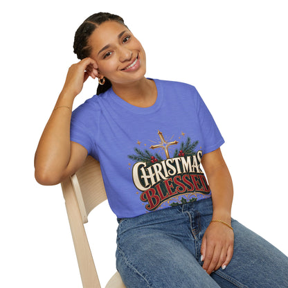 Christmas Blessed T-Shirt — Faith-Based Holiday Tee with Cross & Pine Design