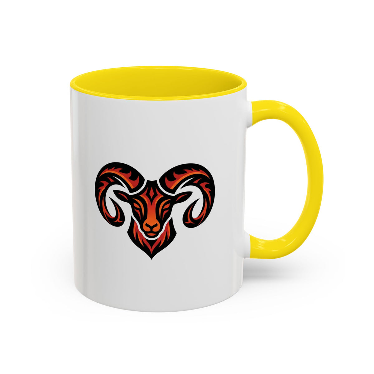 Aries Zodiac Ram Logo Accent Coffee Mug — Bold Tribal Ram Head Design