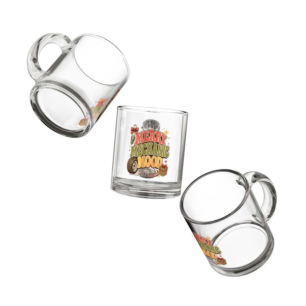 Modern Day Christmas Glass Mug  10oz Merry Mechanic Mood Glass Mug — 10oz Holiday Coffee Cup for Car Lovers