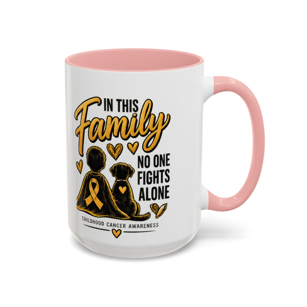 Childhood Cancer Awareness Accent Coffee Mug – "In This Family No One Fights Alone" (11/15oz)