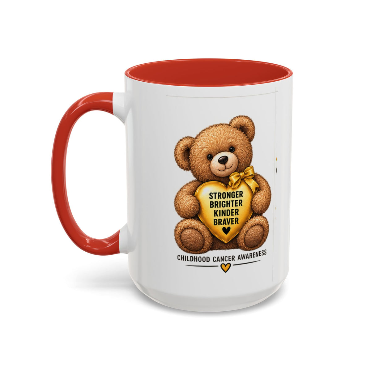 Childhood Cancer Awareness Coffee Mug — 'Stronger Brighter Kinder Braver' Teddy